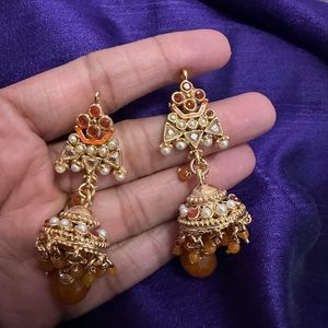 Orange gold Jhumka polki kundan Indian wear saree earring Pakistani